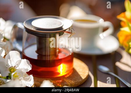 Weiße Tasse und Teekanne aus Glas mit frischem Tee auf Holztisch bei Sommerlicht. Stockfoto