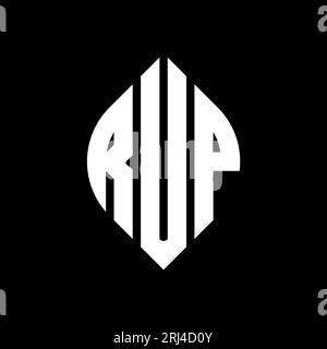RUP kreisförmiges Logo mit Kreis- und Ellipsenform. RUP-Ellipsenbuchstaben im typografischen Stil. Die drei Initialen bilden ein kreisförmiges Logo. RUP CI Stock Vektor
