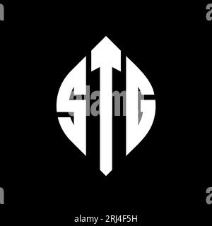 STG-Logo mit kreisförmigem Buchstaben, Kreis- und Ellipsenform. STG-Ellipsenbuchstaben im typografischen Stil. Die drei Initialen bilden ein kreisförmiges Logo. STG-CI Stock Vektor