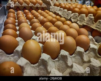 Braune Hühnereier in Ei-Kartons werden im Supermarkt verkauft. Foto: Unternehmen und Finanzen. Stockfoto