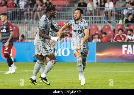 Toronto, Kanada. August 2023. Die Spieler des CF Montreal feiern ein Tor während des MLS-Spiels zwischen dem Toronto FC und dem CF Montreal. Das Spiel endete 1-2 für den CF Montreal. (Foto: Angel Marchini/SOPA Images/SIPA USA) Credit: SIPA USA/Alamy Live News Stockfoto