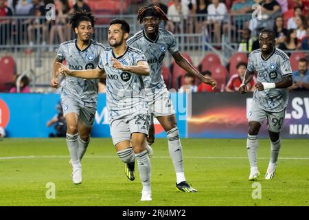 Toronto, Kanada. August 2023. Die Spieler des CF Montreal feiern ein Tor während des MLS-Spiels zwischen dem Toronto FC und dem CF Montreal. Das Spiel endete 1-2 für den CF Montreal. (Foto: Angel Marchini/SOPA Images/SIPA USA) Credit: SIPA USA/Alamy Live News Stockfoto