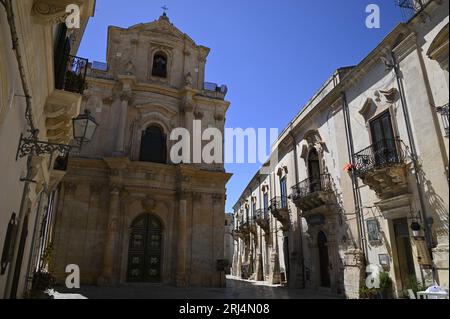 Scenic exterior  view of the Sicilian Baroque style Chiesa di San Michele Arcangelo a historic religious monument in Scicli Sicily, Italy. Stock Photo