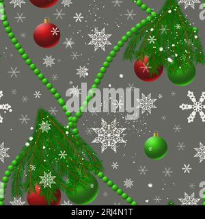 Nahtloses Muster zum Thema Neujahr und Weihnachten mit Schneeflocken, Kugeln, Christbaumzweigen, Stockfoto