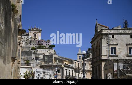 Panoramic view of the historic religious landmark Chiesa e Convento del Rosario on top of Monte Campagna as seen from Via Aleardi in Scicli Sicily. Stock Photo