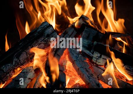 Holzstämme brennen im Kamin. Nahaufnahme. Flammenzungen auf dunklem Hintergrund. Stockfoto