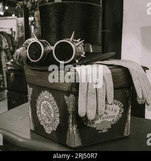 Schwarzer Hut mit Sonnenbrille im Steampunk-Stil auf Lederhandschuhen, die auf einer dekorativen Box stehen. Stockfoto
