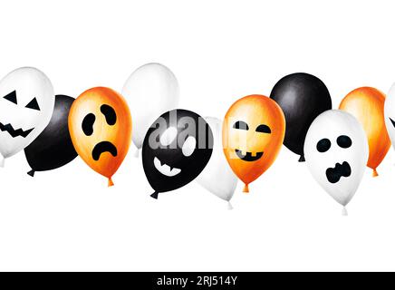 Aquarell Halloween nahtlose Grenze mit Ballons Illustration mit gruseligen Gesichtern. Handmalerei orange, schwarz, weiße Ballonskizze isoliert auf weiß Stockfoto