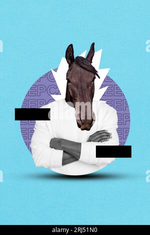 Vertikale Fotoschablone Illustration Collage von kopflose surreale Kopfmaske Säugetier Pferd Gesicht Mann selbstbewusster Boss isoliert auf blauem Hintergrund Stockfoto