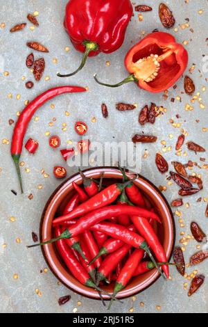 Frische und getrocknete Chilischoten - heiß und scharf Stockfoto