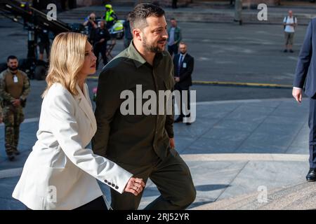 Montag, 21. August 2023 / Matthew James Harrison, Präsident der Ukraine, Zelensky, und seine Frau Olena Zelenska treffen in Kopenhagen, Dänemark, auf die dänische Premierministerin Mette Frederiksen. Der Besuch kommt, nachdem Dänemark und Holland vereinbart hatten, F16-Kampfflugzeuge in die Ukraine zu schicken, um im laufenden Krieg gegen Russland zu helfen Stockfoto