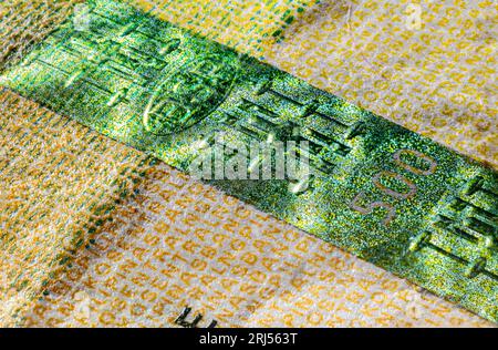 Vorderseite des 500-Peso-Scheines der Philippinen. 500 Philippinischer Peso. Währung des Inselstaates. Extreme Nahaufnahme von 500 Peso. Mikroskopisch Stockfoto