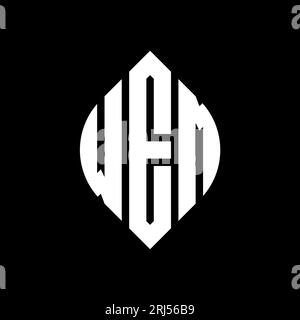 WEM-Logo mit kreisförmigem Buchstaben in Kreis- und Ellipsenform. Wem Ellipsenbuchstaben im typografischen Stil. Die drei Initialen bilden ein kreisförmiges Logo. Wem-CI Stock Vektor