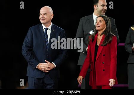 Sydney, Australien. August 2023. FIFA-Präsident Gianni Infantino und Ihre Majestät Königin Letizia von Spanien werden während der Trophäenzeremonie des Finalspiels der Frauen-Weltmeisterschaft 2023 zwischen Spanien und England im Accor Stadion gesehen. Endergebnisse, Spanien 1:0 England (Foto: Julieta Ferrario/SOPA Images/SIPA USA) Credit: SIPA USA/Alamy Live News Stockfoto