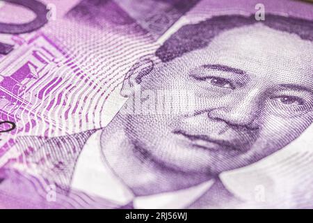 Extreme Makrofotografie einer 100-Peso-Banknote. Ultra-Nahaufnahme von 100 philippinischen Peso-Noten. Gesetzliches Zahlungsmittel für private und öffentliche Zwecke der Insel Stockfoto