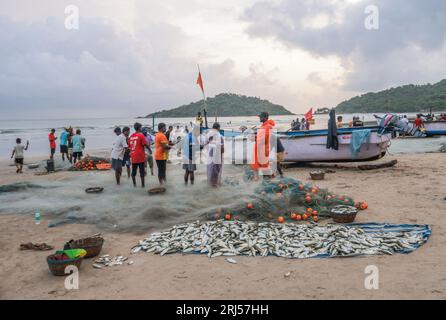 Palolem Beach, South Goa, Indien. August 2023. Fischer bringen ihre Boote an die Küste, um den frühen Morgenfang des Tages auf einem spontanen Markt am Sand zu verkaufen.Paul Quezada-Neiman/Alamy Live News Credit: Paul Quezada-Neiman/Alamy Live News Stockfoto