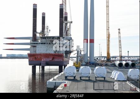 FRANKREICH, Le Havre Hafen, Siemens Gamesa Erneuerbare Energien SGRE Produktionsstätte für Windturbinen, Fred Olsen Flugzeugträger Brave Tern, ein Spezialschiff trägt Siemens Gamesa Windturbine, Turm und Rotorblatt für den Bau von 500 MW Offshore-Windpark Fecamp an der Normandie Küste / FRANKREICH, Le Havre Hafen, Siemens Gamesa Erneuerbare Energie SGRE Produktionsstandort für Windkraftanlagen Spezialschiff Brave Tern mit Siemens Gamesa Windkraftanlagen für den 500 MW Offshore Windpark Fecamp von Electricité de France SA EDF Renewables, Enbridge Inc. und wpd Stockfoto