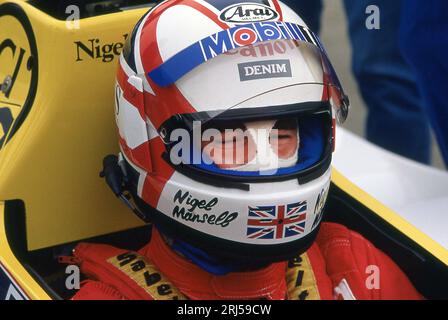 1. Platz für Mansell beim Großen Preis von Portugal 1985 in Estoril Stockfoto