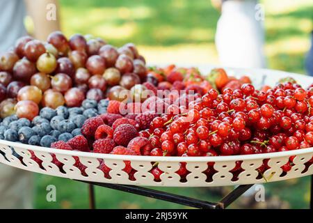 Verschiedene frische Beeren, Stachelbeeren, Heidelbeeren, rote Johannisbeeren, Himbeeren, Trauben und Erdbeeren auf einer Platte im Hof während eines Picknicks in Summe Stockfoto