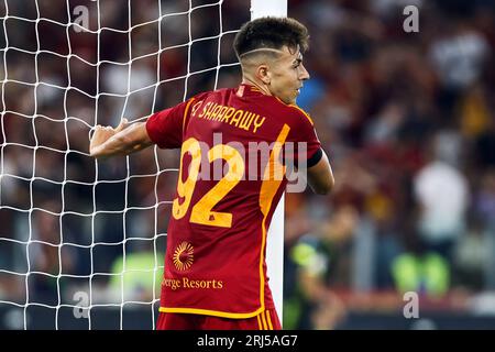 Rom, Italien. August 2023. Stephan El Shaarawy von Roma reagiert während des italienischen Meisterschaftsspiels Serie A zwischen AS Roma und US Salernitana 1919 am 20. August 2023 im Stadio Olimpico in Rom, Italien - Foto Federico Proietti/DPPI Credit: DPPI Media/Alamy Live News Stockfoto