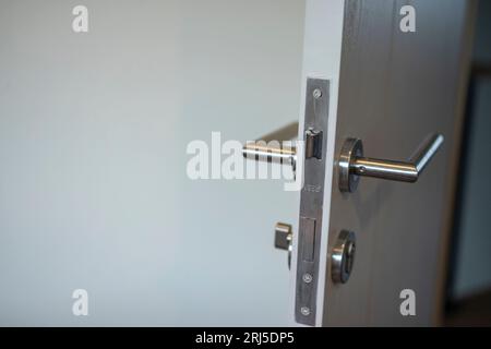 Türgriff mit weißer Holztür Stockfoto