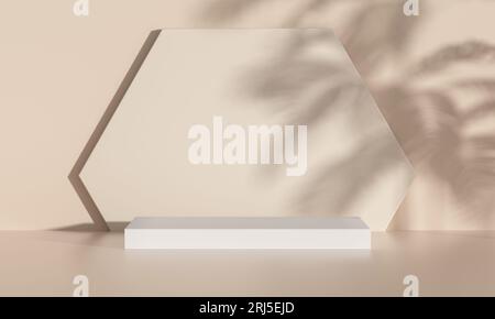 Sechseckige Wand und Podium mit Palmenblattschatten. 3D-Rendering. Stockfoto