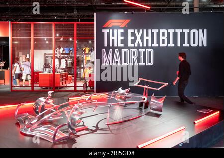 Madrid, Spanien. August 2023. Die weltweit erste offizielle Formel-1-Ausstellung (FIA) auf der IFEMA Madrid. Das immersive Event zeigt die Vergangenheit, Gegenwart und Zukunft dieses Sports. (Foto: Miguel Candela/SOPA Images/SIPA USA) Credit: SIPA USA/Alamy Live News Stockfoto