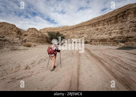 Eine Abenteurerin, die in der Wüste Israels, dem kleinen Makhtesh, wandert Stockfoto