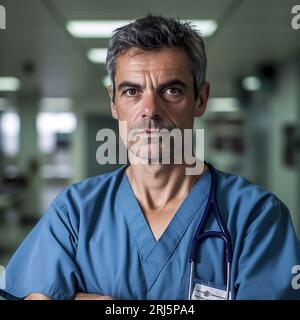 Ein kaukasischer männlicher Arzt, der medizinische Peelings und ein Stethoskop um seinen Hals trägt, steht mit gefalteten Armen souverän da Stockfoto