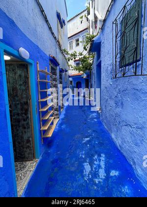 Eine klassische Kopfsteinpflasterstraße, gesäumt von einem blau-weißen Gebäude, in einer malerischen europäischen Stadt gelegen Stockfoto