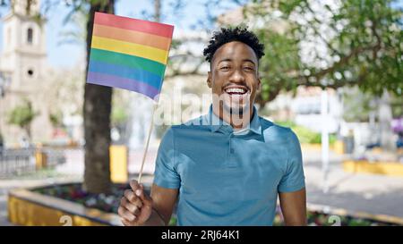 afroamerikanischer Mann, der selbstbewusst lächelt und die Regenbogenfahne im Park hält Stockfoto