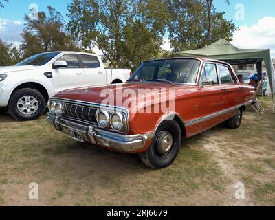 Alte rote kastanienbraune Ford Falcon Deluxe Limousine 1970 - 1972 auf dem Rasen. Natur, Gras, Bäume. CAACMACH 2023 Oldtimer-Show Stockfoto