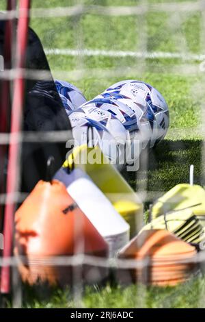 Antwerpen, Belgien. August 2023. Die Abbildung zeigt die offiziellen Fußballbälle der Champions League während einer Trainingseinheit des belgischen Fußballteams Royal Antwerp FC am Montag, den 21. August 2023 in Antwerpen. Das Team bereitet sich auf das morgige Spiel gegen den Griechen AEK Athens vor, die erste Runde des Play-offs für den UEFA Champions League-Wettbewerb. BELGA PHOTO TOM GOYVAERTS Credit: Belga News Agency/Alamy Live News Stockfoto