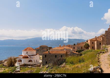 Eine majestätische Aufnahme der Burg Monemvasia in Griechenland Stockfoto
