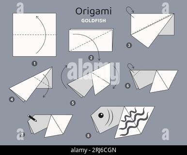 Origami-Tutorial für Kinder. Origami, süßer Goldfisch. Stock Vektor