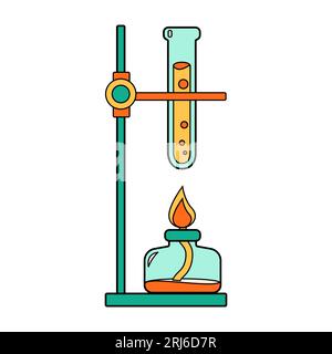 Chemikaliengestell-Reagenzgläser und Alkoholbrenner-Symbol der Wissenschaftsschule. Laborcartoonflasche für Chemie- und Biologieausbildung. Auffällige, helle Laborausstattung Stock Vektor