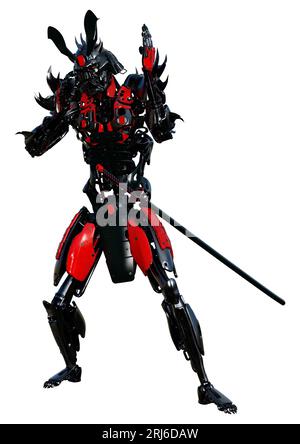 3D Darstellung eines männlichen Samurai-Roboters isoliert auf weißem Hintergrund Stockfoto