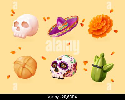 3D-Tag tote Elemente. Dia de muertos mexiko national erinnern Symbol, Zucker catrina Schädel Ringelblume Blütenblatt Sombrero mexikanisch für den Tod halloween Feier, Vektor-Illustration der mexikanischen lateinischen Kultur Stock Vektor