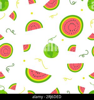 Nahtloses Wassermelonenmuster mit Reben, Samen und Scheiben auf weißem Hintergrund. Handgezeichneter Textildruck im Cartoon-Stil im Sommer. Flaches Design Stockfoto