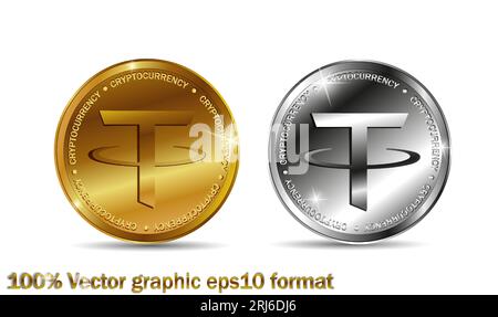 Goldene und silberne Haltemünze. Kryptowährung goldenes und silbernes Münzbindersymbol isoliert auf weißem Hintergrund. Realistische Vektorillustration Stock Vektor