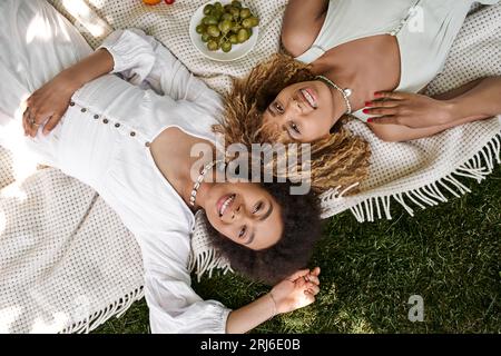 Blick von oben auf afroamerikanische Frauen, die in der Nähe von frischem Obst in die Kamera schauen, Sommerpicknick Stockfoto