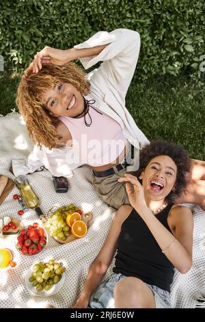 Picknick-Spaß, lachende afroamerikanische Freundinnen mit Blick auf die Kamera in der Nähe von Snacks und Wein, Blick von oben Stockfoto