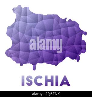 Karte von Ischia. Niedrige Poly-Darstellung der Insel. Violettes geometrisches Design. Polygonale Vektorillustration. Stock Vektor
