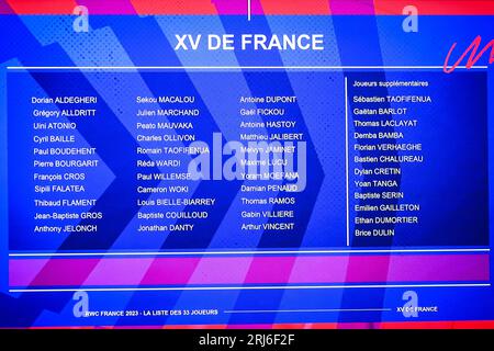 Liste der 33 Spieler, die während der Pressekonferenz der französischen Nationalmannschaft am 21. August 2023 in Boulogne-Billancourt, Frankreich, für die Rugby-Weltmeisterschaft ausgewählt wurden Stockfoto