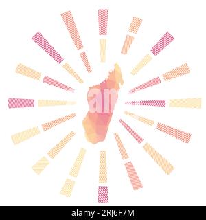 Madagaskar-Sonnenaufgang. Niedrige Poly-Streifen und Landkarte des Landes. Leistungsstarke Vektorillustration. Stock Vektor