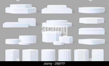 Realistisches 3D-Podium. Produkte sind Podeste, weiße leere Ständer für Ausstellungen oder Präsentationen. Sockel, Museumszylinderszene, pikante Vektormodelle Stock Vektor