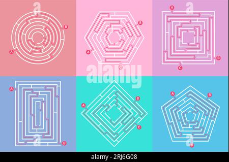 Labyrinth-Spielgrafik. Labyrinth einfaches Puzzle mit verschiedenen Zielen. Finden Sie Ihren Weg, finden Sie heraus Kreis quadratische Labyrinthe anständige Vektorset Stock Vektor