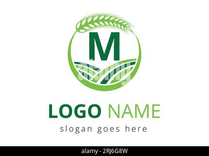 Zeichen M mit Weizenohrkranz. Landwirtschafts-Logo Landwirtschafts-Vorlage Vektorsymbol Stock Vektor