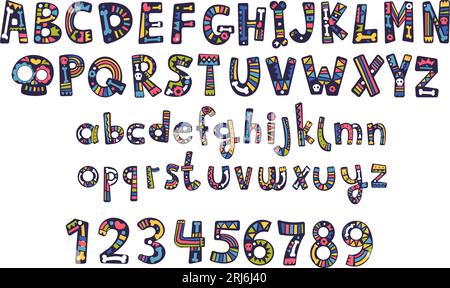 Comic mexikanische Schriftart. Fiesta Schriftart Tag tot süßes Alphabet, bunte Buchstaben und Zahlen für Schule Typografie festliche Dekoration, Stammes Karneval Typ Vektor Illustration von Schrift und Typografie Stock Vektor