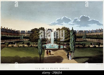 Vue de la Place Royale (Place des Vosges) - Paris par Courvoisier, 1827 Stockfoto